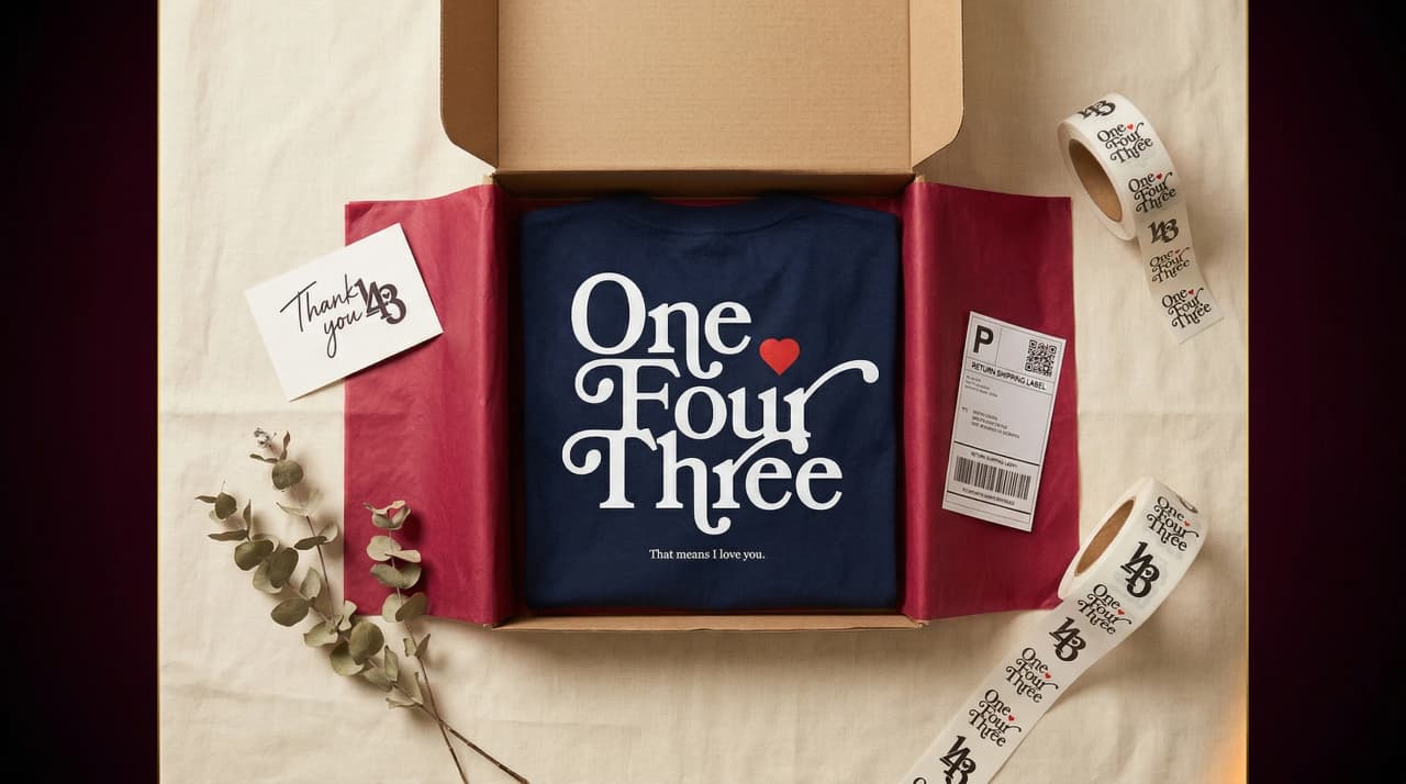 143 Collections returns — folded tee in branded mailer box