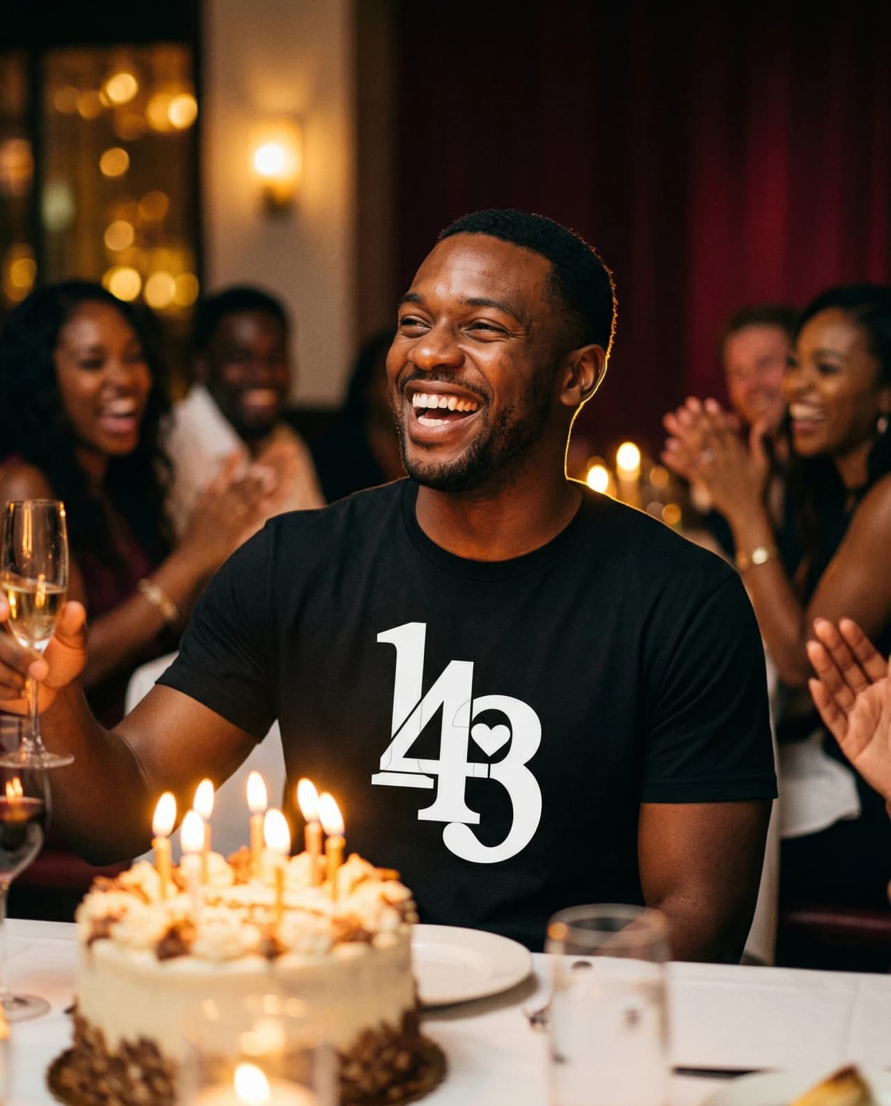 Birthday dinner celebration wearing 143 tee