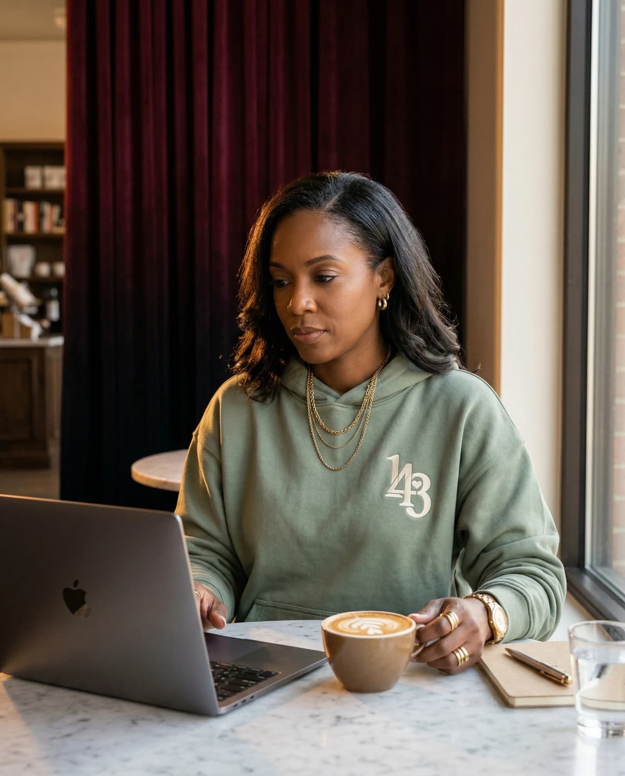 Working from a coffee shop in a sage 143 hoodie